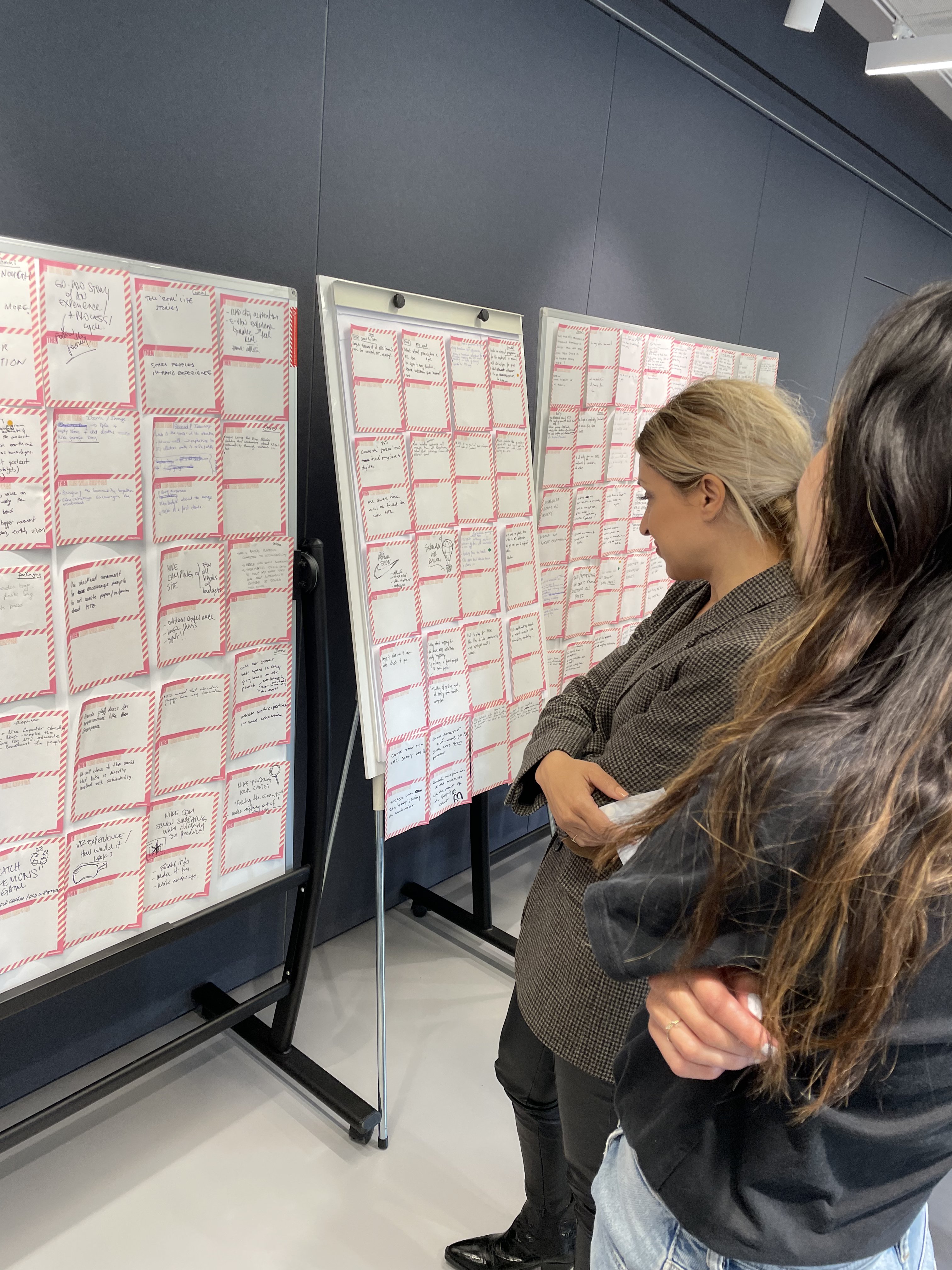 Team reviewing and prioritising sustainability ideas on flipcharts