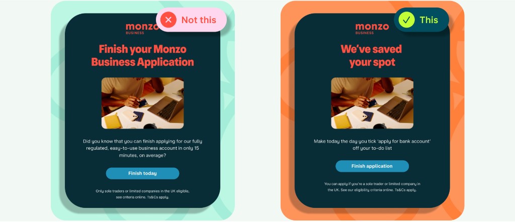 Monzo 'not this / this' example contrasting an off-brand and on-brand version of the same message